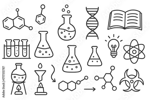 Science chemistry doodle icon set. Laboratory research and education concept. Outline vector illustration collection with flask, test tube, atom, dna, molecule and biohazard symbol.