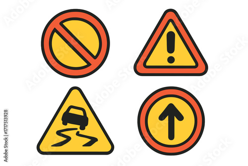 Road signs vector collection. Traffic sign set. Warning, danger, attention, slippery road, no entry, prohibition, ahead only signs. Driving safety regulation symbols.