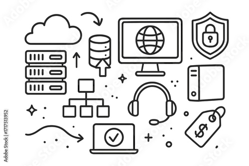E-commerce marketing concept. Cloud computing, data server, and network security icons. Online shopping technology, web hosting, and customer support. Digital business elements set.