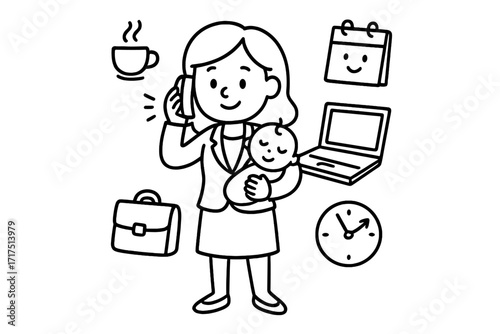Working mom multitasking. Businesswoman with baby. Career and family life balance concept. Busy mother character vector illustration. Supermom, work life, professional.