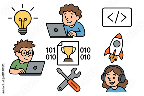 Programming and software development concept. Vector icon set with coder at computer, startup rocket, idea lightbulb, html tag, and binary code trophy. IT tech support.