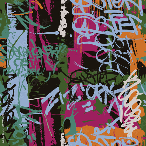 Abstract colorful wall scribbles, graffiti seamless background. Street art texture with tags, letter drawings, inscriptions and spray. Vector grunge wallpaper