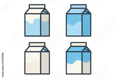 Milk carton icon set. Dairy drink package. Vector flat outline illustration. Food and beverage concept. Healthy breakfast nutrition. Grocery store product symbol. Simple liquid.