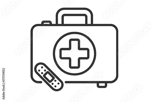 First aid kit line icon. Medical box with cross symbol and plaster. Health care concept. Emergency case for doctor, hospital or pharmacy. Treatment equipment vector illustration.