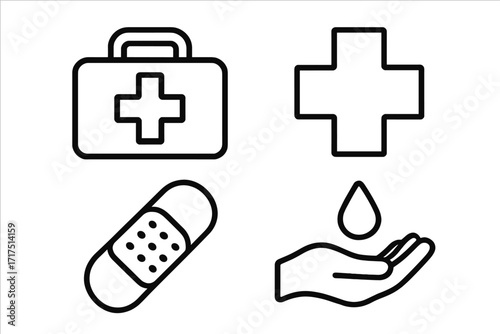 Medical and health care linear icon set. First aid kit, medical cross, plaster and hand washing symbols. Emergency help, hygiene and protection vector line art icons.