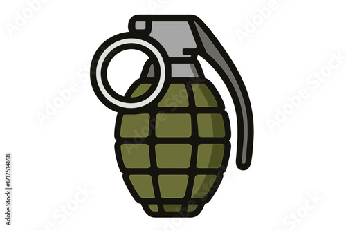 Grenade icon in flat design. Military weapon symbol for army and war concepts. Vector cartoon illustration of a bomb, explosive device. Isolated object for veteran day.