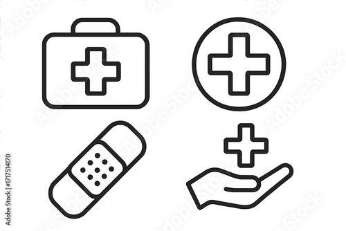 Medical and healthcare icon set. Line art vector symbols. First aid kit, adhesive bandage, hospital cross, and hand care sign. Medicine, pharmacy, emergency, and insurance concept.