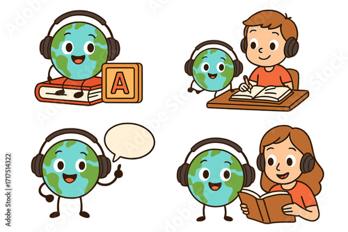 Learn English concept with cute earth mascot. International language school and education for children. Cartoon boy and girl student studying. E-learning vector illustration set.