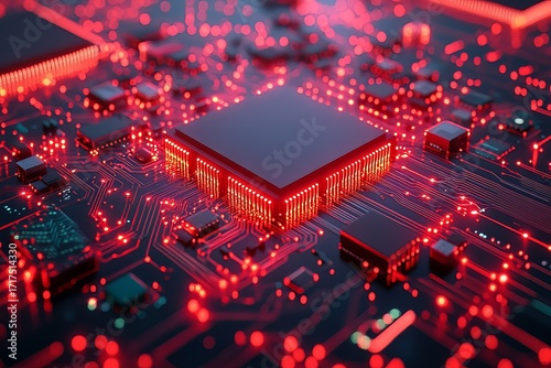 A close-up view of a circuit board illuminated with glowing red lights, showcasing intricate pathways and various electronic components in a futuristic setting.