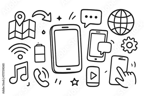Mobile technology doodle icon set. Hand drawn vector graphics for social media marketing. Smartphone, chat, navigation, internet, and app symbols. Communication concept.