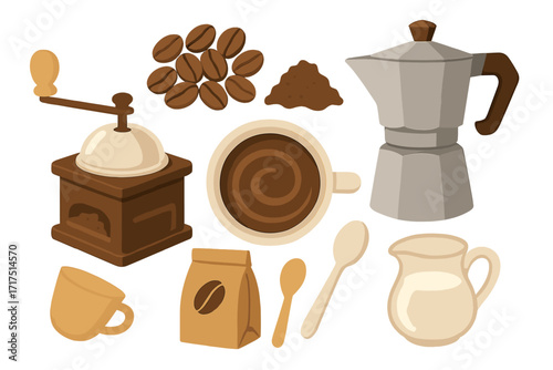 Coffee maker icon set vector. Morning coffee items collection. Manual grinder, moka pot, roasted beans, ground powder, cup, milk jug. Cafe menu design elements. Hot beverage.