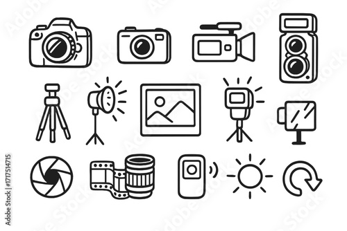 Photography doodle icons set with vector cartoon cameras, tripods, lights, film rolls, photo frame, and camera accessories in transparent background, artistic illustration
