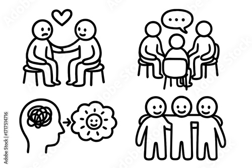 Peer support and group therapy doodle illustration, mental health cartoon icons with emotional support, counseling, friendship, therapy session, positive mindset, empathy, care