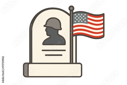 Memorial military gravestone with silhouette soldier helmet and American flag icon, flat style vector cartoon illustration for Veteran remembrance and patriotic honoring