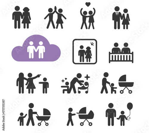 Family and Parenthood Icons Vector Set, Representing Diverse Relationships, Activities with Children, and Modern Family Structures for Design Projects