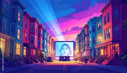 Vibrant city street with colorful buildings and a large screen showing a woman's face.