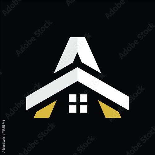 The image shows a flat logo design of an initial letter A in combination with a house complete with roof and windows. It looks clean on a black background and can be used for housing related purposes.