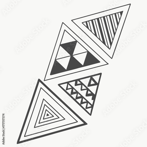 Abstract geometric pattern of hand drawn triangles with various fill patterns and outlines on a white background