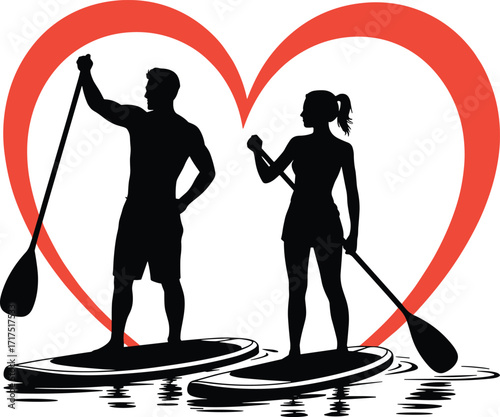 loving couple on stand-up paddleboards, surrounded by a red heart, vector art for romantic water sport, and summer vacation concepts.