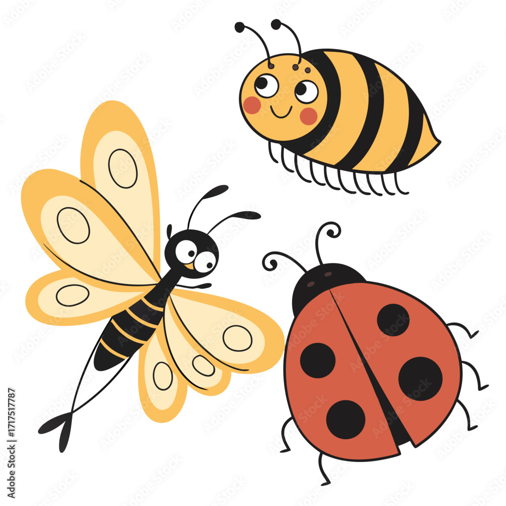Fototapeta premium Cute cartoon bee butterfly and ladybug characters with happy expressions on a white background