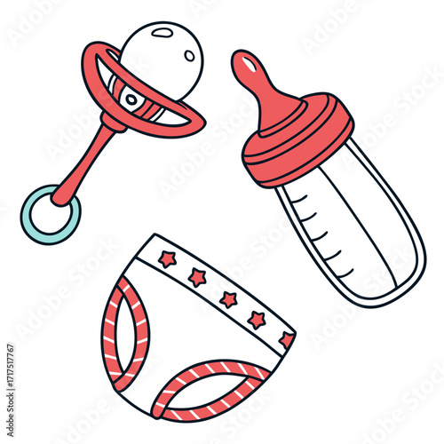 Cute cartoon baby essentials including a rattle feeding bottle and diaper with stars and stripes