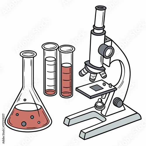 Illustration of a science laboratory setup featuring a microscope erlenmeyer flask and test tubes filled with red liquid