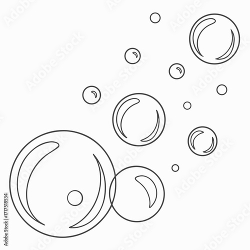Simple outline illustration of various sized soap bubbles floating in a clean white background