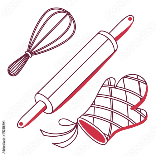 Whimsical illustration of baking tools including a whisk rolling pin and oven mitt with a red outline on white background