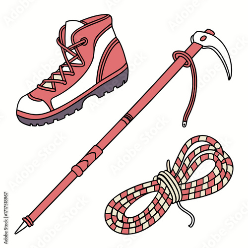 Collection of essential mountaineering equipment including a sturdy hiking boot ice axe and coiled climbing rope