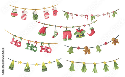 Watercolor Christmas garland ornament border decoration bunting holiday party festive merry xmas greeting card.
