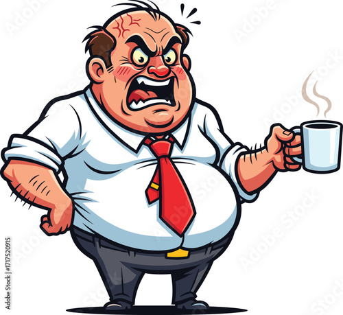 Cartoon angry businessman yelling with coffee cup, expressive office character for comics, stress, emotion, workplace humor, and educational themes 