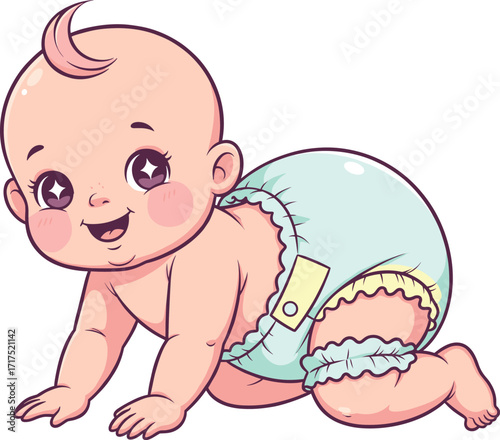 Cartoon baby crawling with cheerful expression, wearing colorful diaper, cute vector illustration for parenting, childhood development, and educational themes