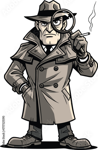 Classic cartoon detective character in trench coat and fedora, holding magnifying glass and cigarette, mystery-themed vector with noir style