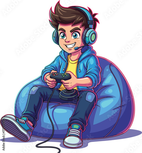 Cartoon gamer character with headset and controller, sitting on shiny bean bag, focused expression, vibrant vector for youth gaming themes