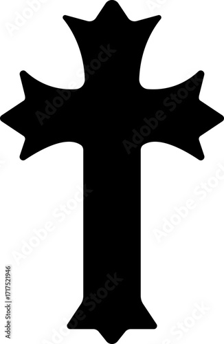 Christian cross icon.Vector illustration of grungy christian cross black and outline symbol isolated on white background.Holy Spirit. Religious. Baptism Christening Invitation.
