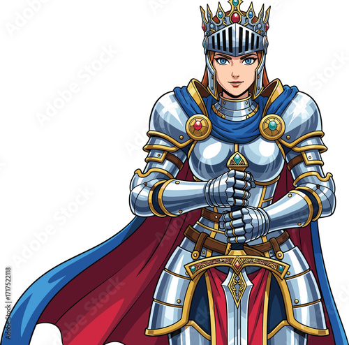 Cartoon female knight in royal armor holding sword, regal warrior character for kids, fantasy, comics, education, strength, and bravery themes