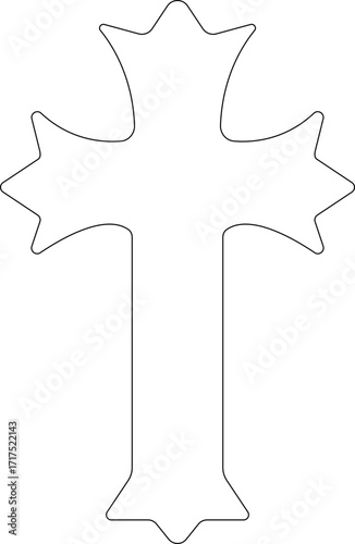 Christian cross icon.Vector illustration of grungy christian cross black and outline symbol isolated on white background.Holy Spirit. Religious. Baptism Christening Invitation.