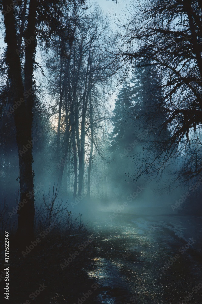 Obraz premium Ethereal Forest Path: Misty Landscape with Bare Trees and Subtle Sunlight