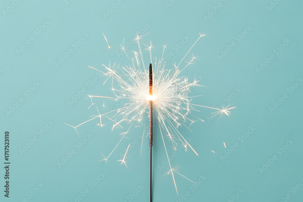 Fototapeta premium Sparkler ignites with bright white sparks against a soft blue background