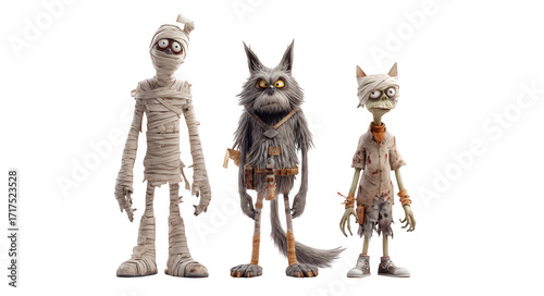 Three unique characters, mummy, werewolf, and zombie, stand together in playful and spooky pose, showcasing their distinct styles and personalities