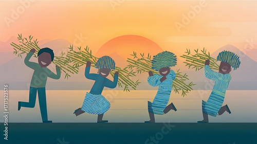 Traditional Chapchar Kut Dance at Sunset Illustration