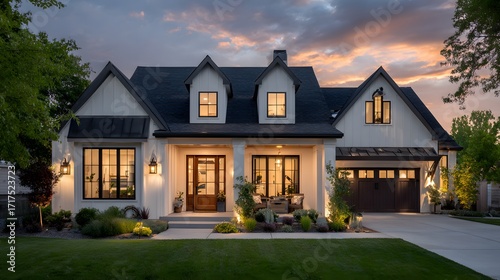 Exterior shot of a beautiful modern farmhouse at dusk. The interior lights are on, creating a warm, welcoming glow from its many windows and patio.