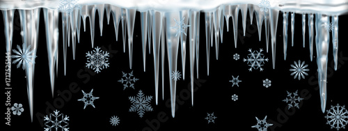 line of icy blue transparent icicles with snowflakes on a black background.Close-up, long