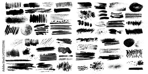 set of hand drawn ink splashes various brush strokes art design, Set of grunge ink splashes with distressed stains, paint splatters, rough smears, abstract splashes and messy artistic textures.	