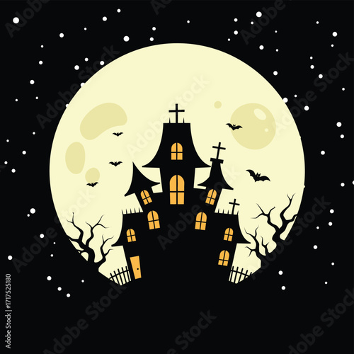 Silhouette of a haunted house under a full moon on a dark night, with bats and bare trees.