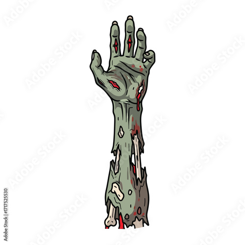 Cartoon zombie arm with exposed bone and blood.