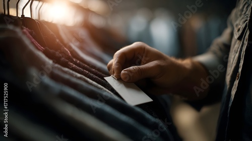 Fototapeta Naklejka Na Ścianę i Meble -  A person s hand examines a blank tag on a clothing item hanging in a retail store illuminated by warm light