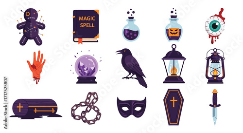Halloween themed icons featuring voodoo doll, magic spell book, potion bottles, crystal ball, raven, lantern, coffin, chains, masquerade mask, bloody eye, and dagger.