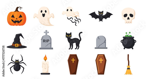 Halloween themed icons featuring pumpkins, ghosts, bats, skulls, tombstones, black cats, witch hats, spiders, candles, coffins, and cauldrons.