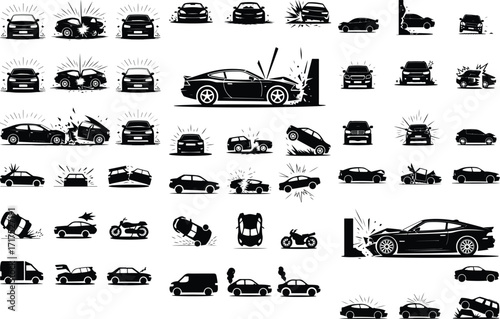 Car Crash Icon Silhouette Set Vehicle Accident Silhouette Icon Collection